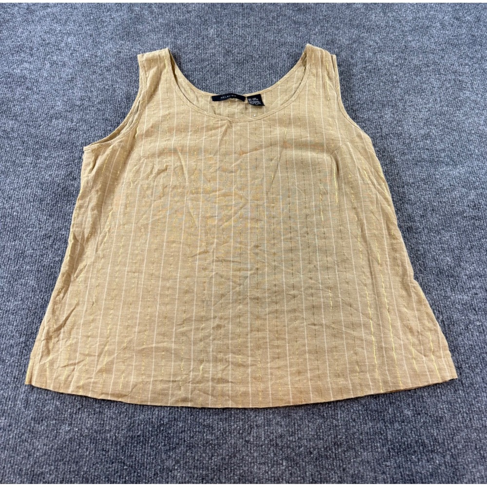 Mel & Lisa Tan Linen Cotton Gold Metallic Pinstripe Sleeveless Tank Top Large